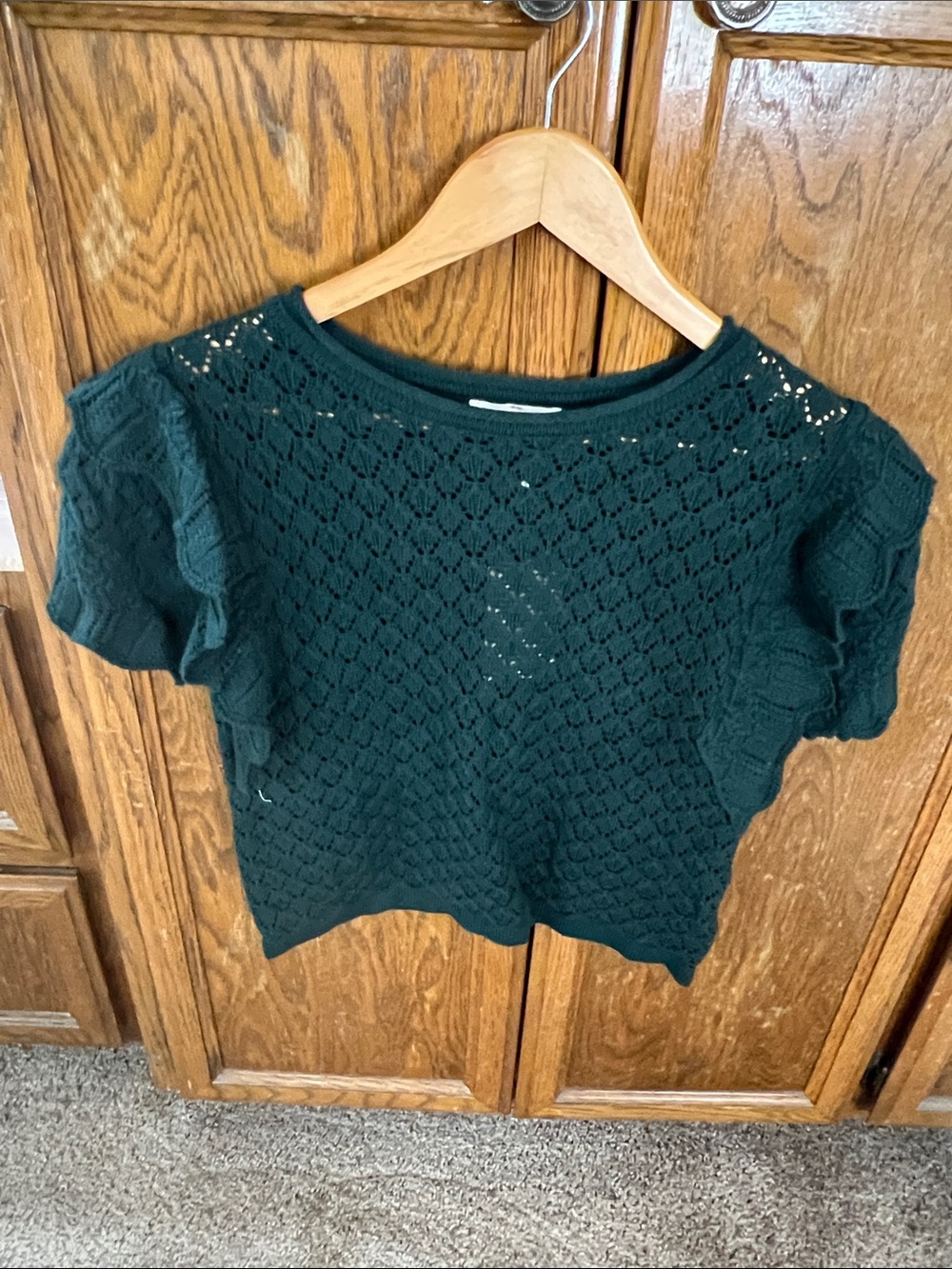 entro Dark Green Short-Sleeve Openwork Knit Top